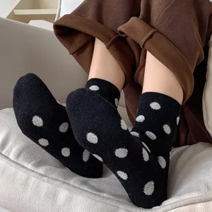 Women winter warm fleece lined mid calf socks retro polka dot cotton cozy casual hosiery items