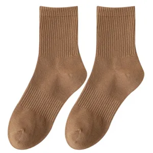 Brown mid-calf ribbed socks, solid color casual cotton hosiery for daily wear and sports.