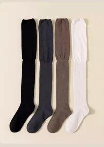 Detailed view of ribbed over-the-knee long socks in four colors, knit fabric style.