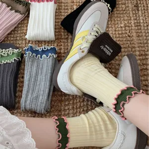 Contrast color ruffled women socks, vintage japanese style double-layer ribbed mid-tube socks