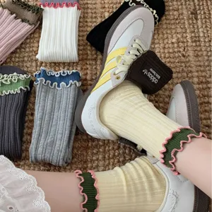 Japanese vintage style ruffles mid-calf socks for women, cute colorblock design double layer.