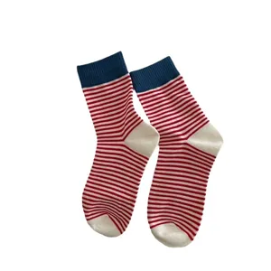 Women casual mid-tube socks with red white stripes and contrast blue cuffs main view