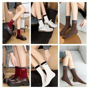 Women autumn winter mid-tube stacked socks stylish contrast color embroidered fashion hosiery