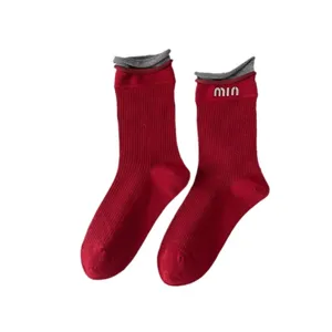 Autumn winter angora red mid tube slouchy socks with double layer lace and stylish letters