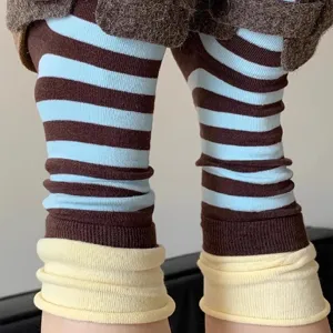 Cute color-contrast striped women mid-tube socks with rolled double cuffs for spring and autumn.