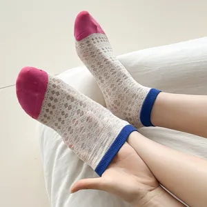 Women's Summer Contrast Color Mesh Short Tube Socks Sweet Style Color-Block Hollow Out Breathable Boat Socks