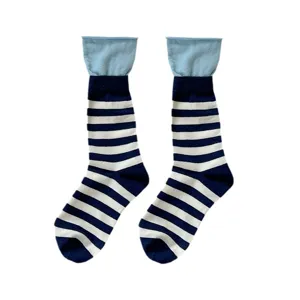 Color-block striped dopamine mid-tube socks with double-layer rolled cuffs for women.