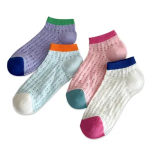 Summer mesh color-block ankle socks for women, breathable hollow-out design short socks.