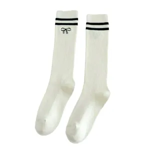 JK Style White Long Socks Sweet Bow Embroidered Double Stripe Cute Knee High Casual Socks