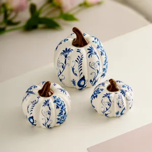 Nordic Creative Blue and White Porcelain Pumpkin Figurine Ceramic Decorative Ornament for Tabletop Porch Halloween Home Decor