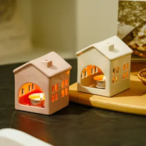 Ceramic house candle holder set, Nordic style hollow tealight holder for home decor and party.