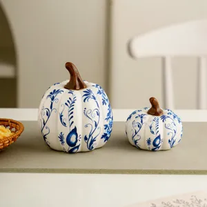 Nordic ceramic blue and white porcelain pumpkin ornament set, tabletop home decor for autumn.