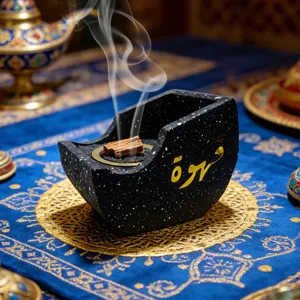 Creative resin boat shape incense burner with Arabic calligraphy for home decor and aromatherapy.
