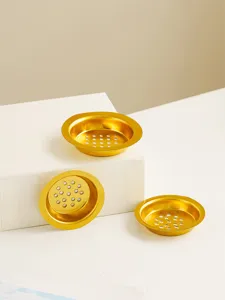 Gold metal incense burner mesh filter accessory, hollow censer tray sieve for home decor.