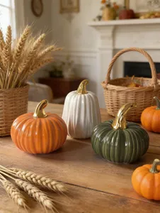 European creative ceramic pumpkin ornament with gold stem for tabletop living room home decor.