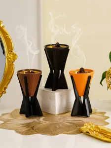 Ensemble brûle-encens en résine avec support noir, censoir imitation bois pour décoration maison.