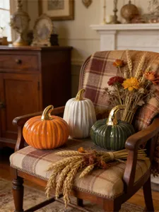 Set of 3 ceramic pumpkins with gold stems, vintage home decor tabletop ornaments for autumn.