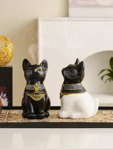 Detailed view of Egyptian cat incense burners, resin craft home decor for cone sandalwood.