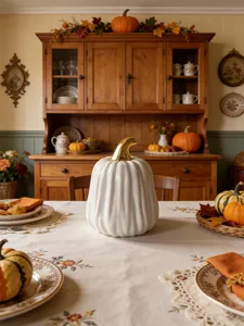 Ceramic pumpkin figurine with gold stem table decor for autumn home living room showcase.