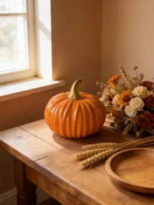 Detail view of a ceramic pumpkin decor with gold stem on a rustic table with dried flowers.