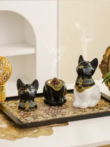 Modern Egyptian cat incense burner home decor set aroma diffuser with tray for relaxation.