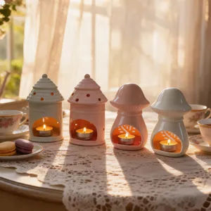 Lot de bougeoirs chauffe-plat en céramique maison et champignon déco de table lumineuse