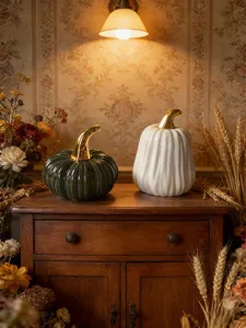 European ceramic pumpkin ornament with gold stem, elegant desktop home decor for living room.