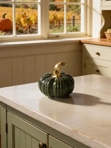 Ceramic pumpkin figurine home decor detail, glossy green body with a shiny gold stem.