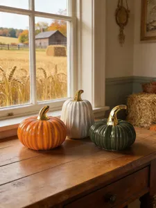 Decorative ceramic pumpkin figurine set with gold stem for autumn home table decor