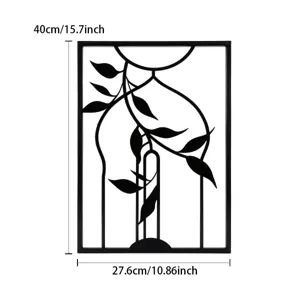 Modern black metal wall art decor, abstract plant leaf iron hanging for home living room.