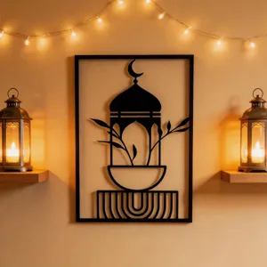 Arabic metal wall art decor, Islamic mosque dome design with crescent moon and plants for home.