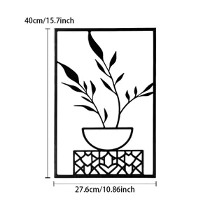 Detailed view of black metal wall art plant leaf decor showing exact product dimensions.