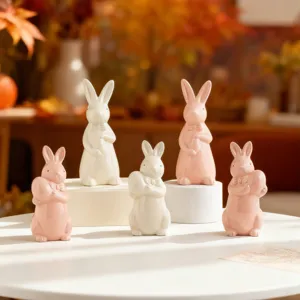 Easter Bunny Rabbit Ceramic Figurine Cute Bow Tie Holding Egg Statue Home Decor