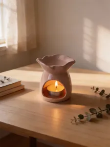 Dettaglio portacandela aromatico in ceramica, design rosa romantico per arredamento e feste.