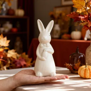 Ceramic Easter bunny figurine with bow tie and egg, cute desktop decor for home holiday.