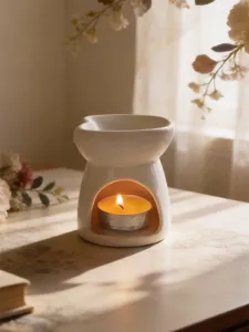 Primo piano di un portacandela in ceramica bianca a forma di cuore con una candela accesa.