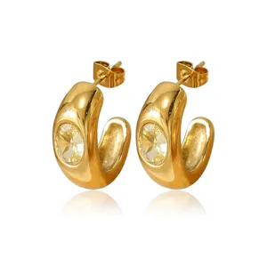 Pendientes de aro en acero de titanio chapado en oro 18K con piedra amarilla ovalada