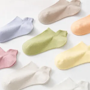 Women's solid color low-cut boat socks flat lay main view showing multiple pastel colors.