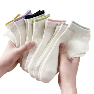 Women white short socks with colorful contrast ribbed cuffs, breathable cotton spring ankle socks.