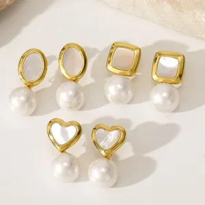 Vintage Heart Stainless Steel Artificial Pearl Stud Earrings Elegant Geometric Ear Rings Statement Daily Fine Jewelry For Women