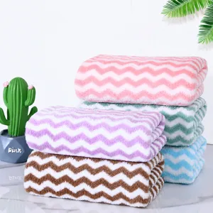 Coral fleece wavy striped towel set, soft absorbent multi-color home bath towels.