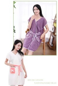 Coral fleece wearable bath towel dress with pocket and belt, soft absorbent shower wrap.