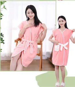 Coral fleece wearable bath towel detail, soft absorbent bath skirt with belt and pocket.