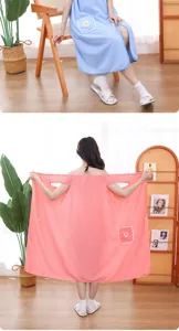 Details and wearable bath towel in use, showing coral fleece texture and daisy pocket design.