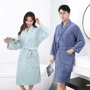 Unisex Koppel Koraalvlies Badjas Zacht Warm Lange Mouw Nachtkleding Effen Kleur Badjas Voor Thuis Badkamer