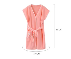 Coral fleece wearable bath towel wrap dress with belt and bow pocket for summer spa 95cm