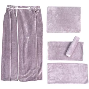 Set di lenzuola per lettino da salone in microfibra viola, telo mare indossabile con bottoni spa.