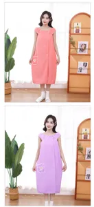 Soft coral fleece wearable bath towel dress, absorbent spa bathrobe with cute pocket.
