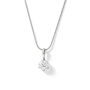 Close-up detail of the elegant round diamond pendant on a sleek snake chain necklace.