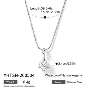 Stainless steel round diamond solitaire pendant necklace with snake chain, elegant daily wear jewelry.